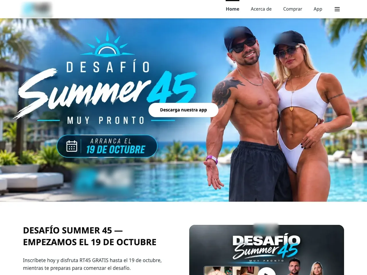 Página de un programa de entrenamiento anunciando un reto, con el botón para descargar la app