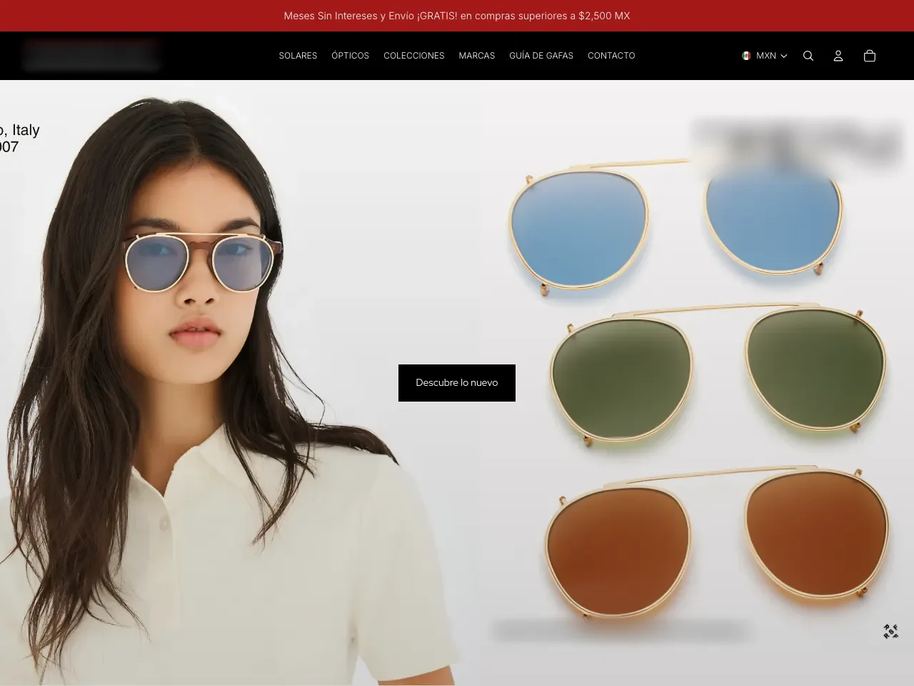 Página de inicio de una tienda de lentes, con modelos de lentes de sol y el botón «Descubre lo nuevo»