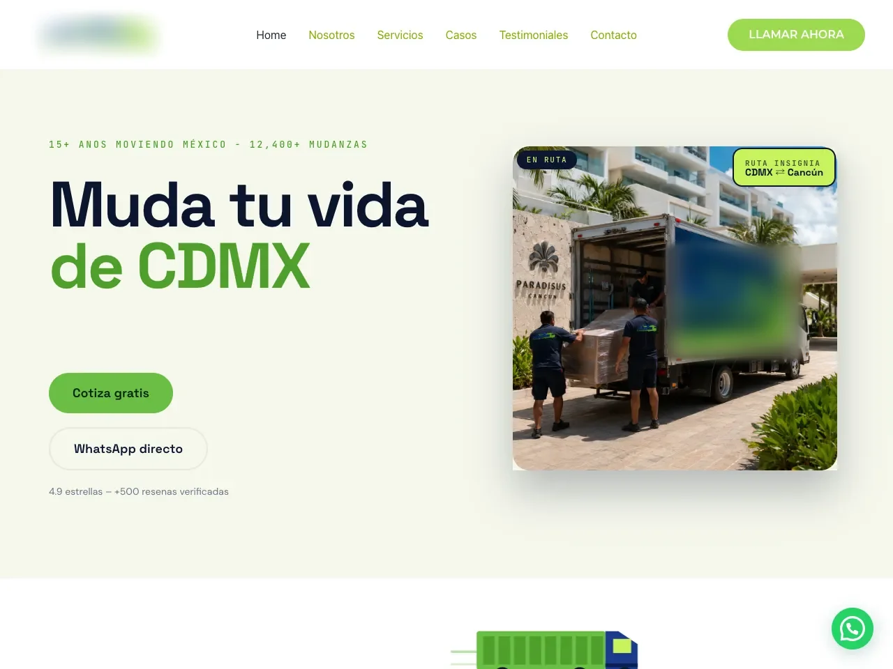 Página de inicio de una empresa de mudanzas, con botones para cotizar y escribir por WhatsApp